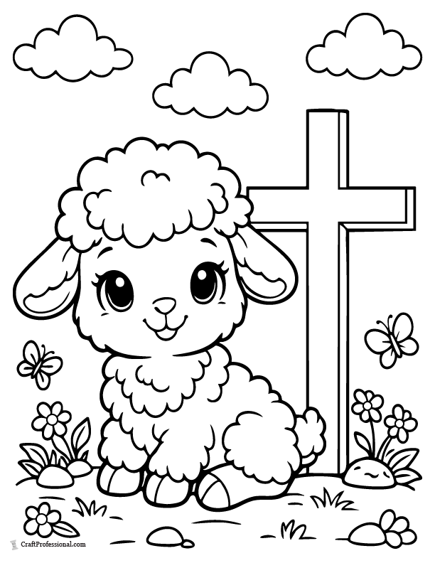 Cute lamb with cross Christian Easter coloring page for kids.