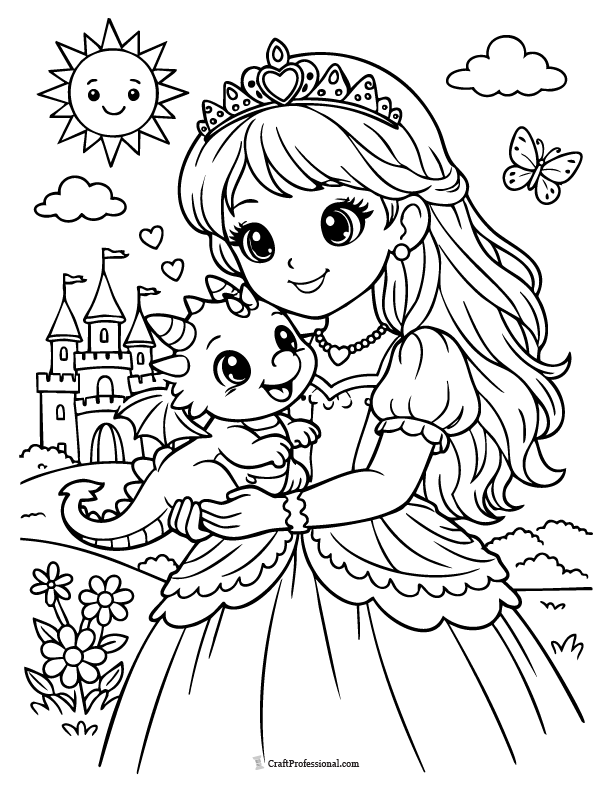 Cute princess coloring page holding a friendly baby dragon