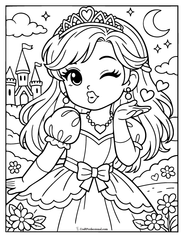 Cute princess coloring page blowing a kiss