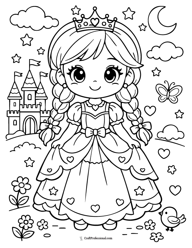Cute princess coloring page with braided pigtails