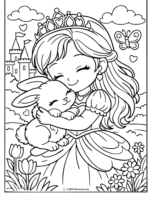 Cute princess coloring page hugging a bunny