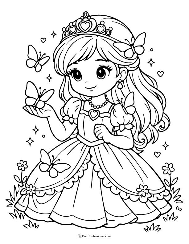 Cute princess coloring page with butterflies landing on her