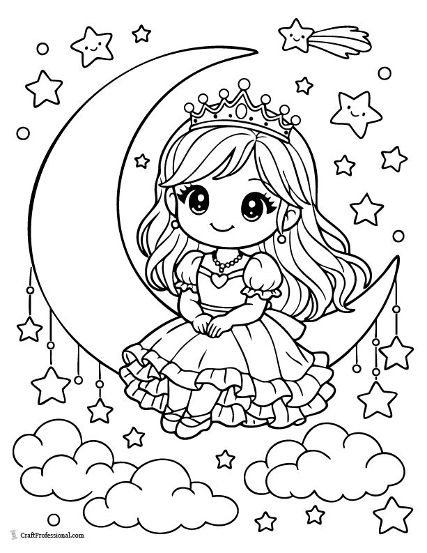 Cute princess coloring page sitting on a crescent moon