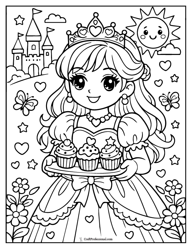 Cute princess coloring page holding cupcakes