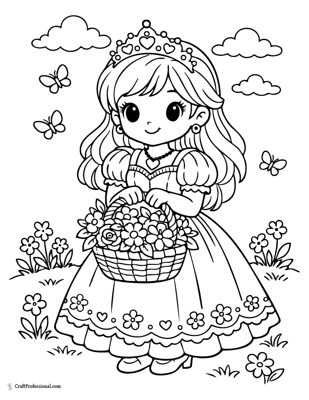 Cute princess coloring page holding a basket of flowers