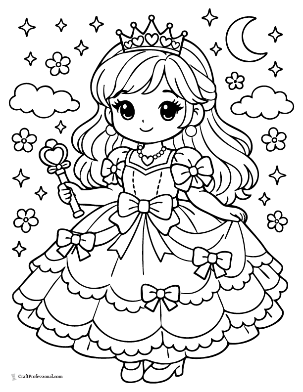 Cute princess coloring page in a fluffy dress with bows
