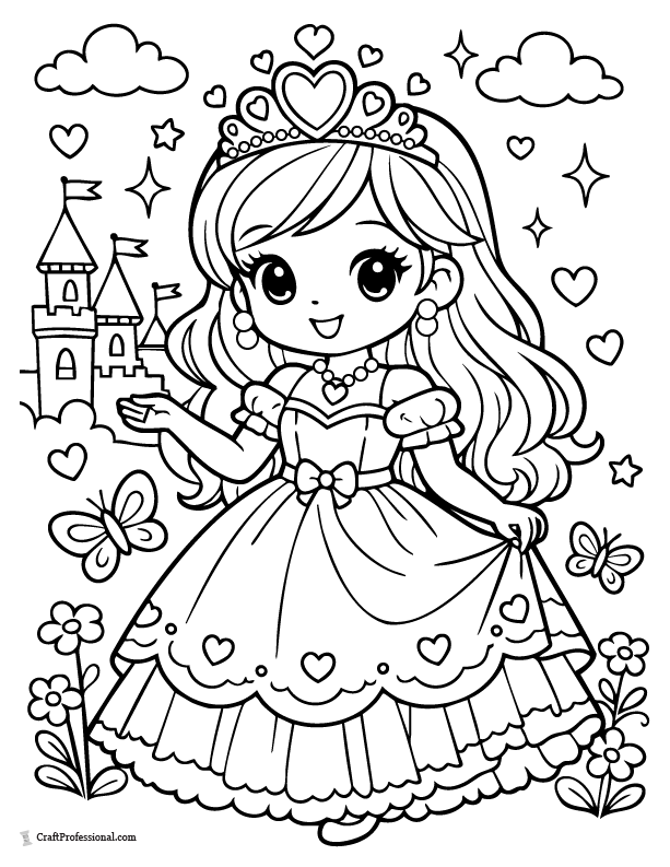 Cute princess coloring page with a heart-shaped crown