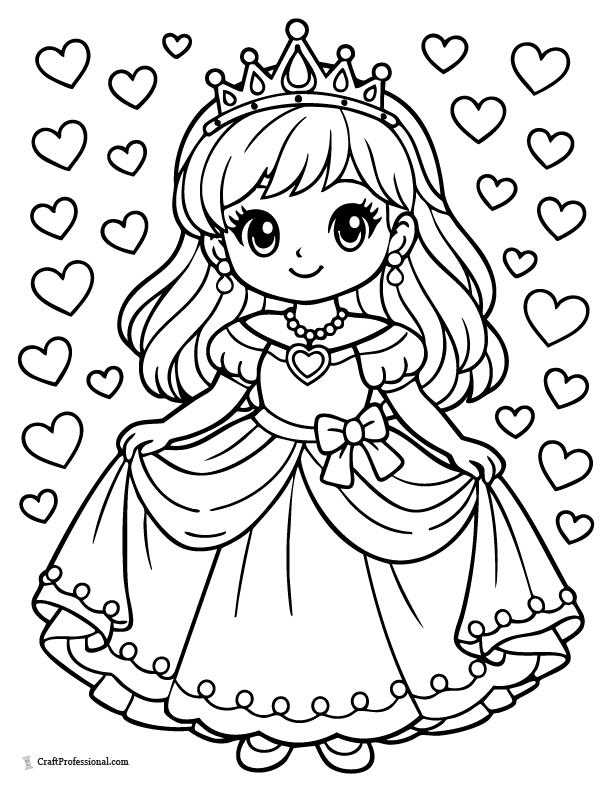 Cute princess coloring page surrounded by tiny hearts