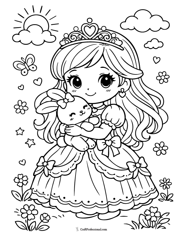 Cute princess coloring page holding a plush toy