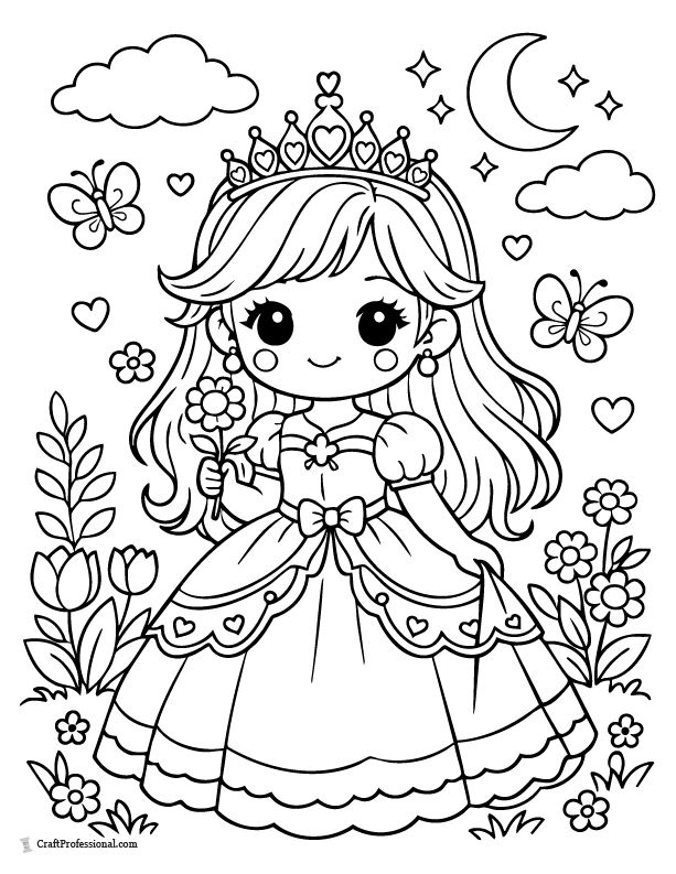 Cute princess coloring page with rosy cheeks and tiny nose