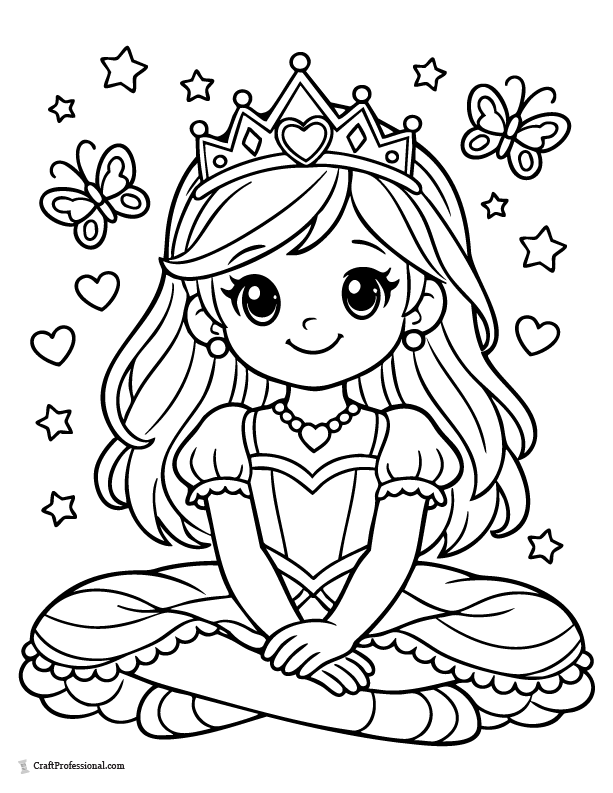 Cute princess coloring page sitting with crossed legs and smiling