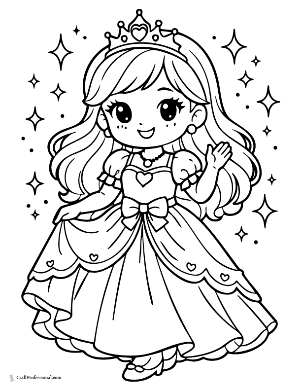 Cute princess coloring page with sparkles around her