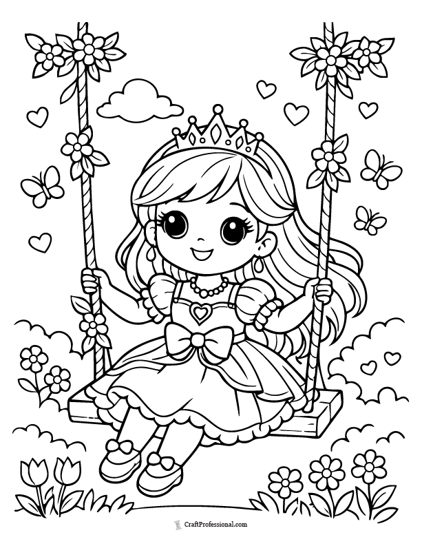 Cute princess coloring page sitting on a swing