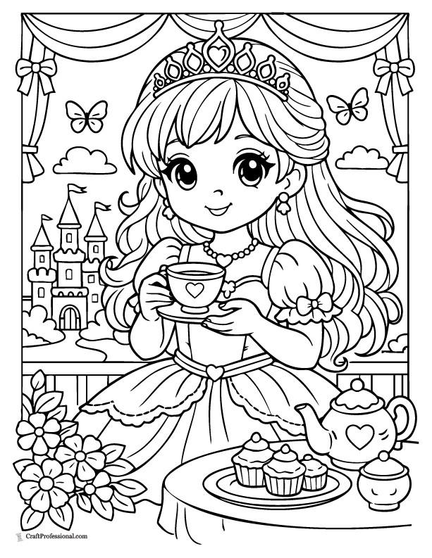 Cute princess coloring page holding a teacup at a tea party