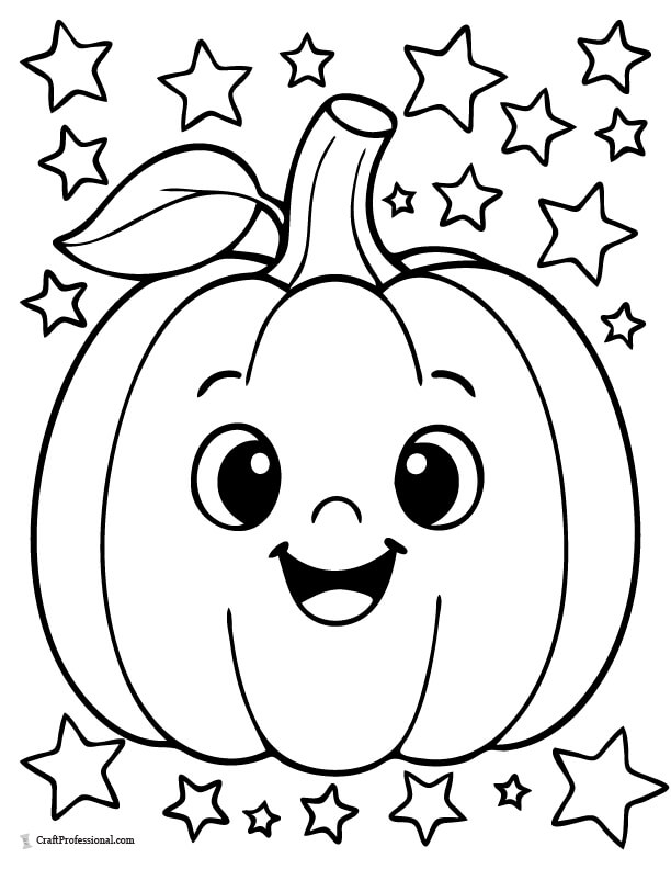 Cute jack o'lantern on a swing with stars in background, coloring page
