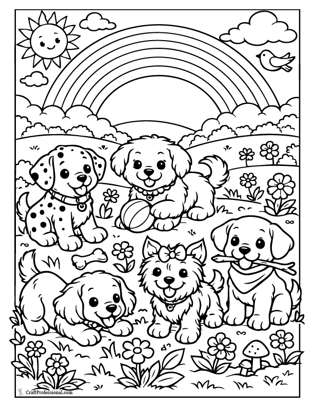 Rainbow coloring page with playful puppies in a colorful field.