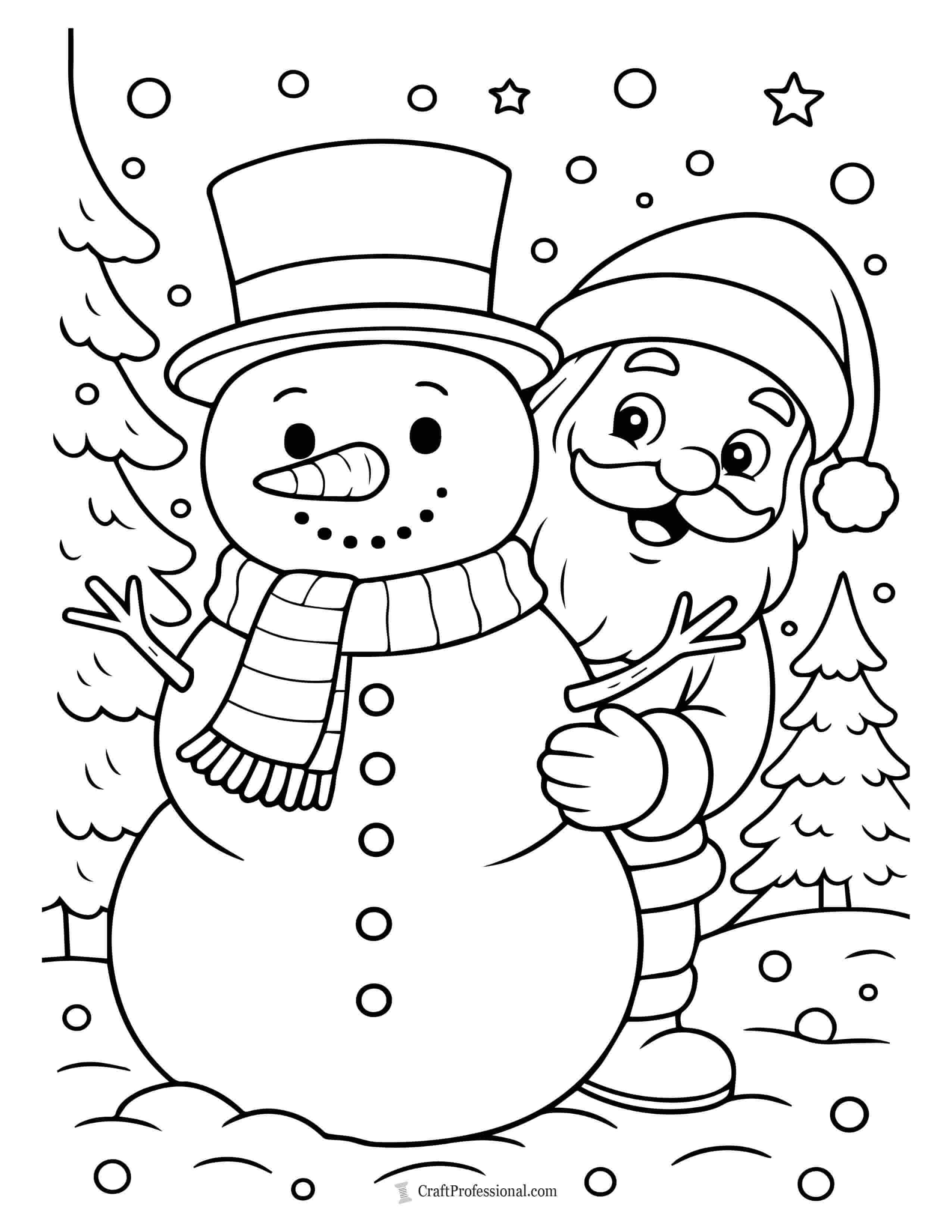Santa hiding behind a snowman coloring page