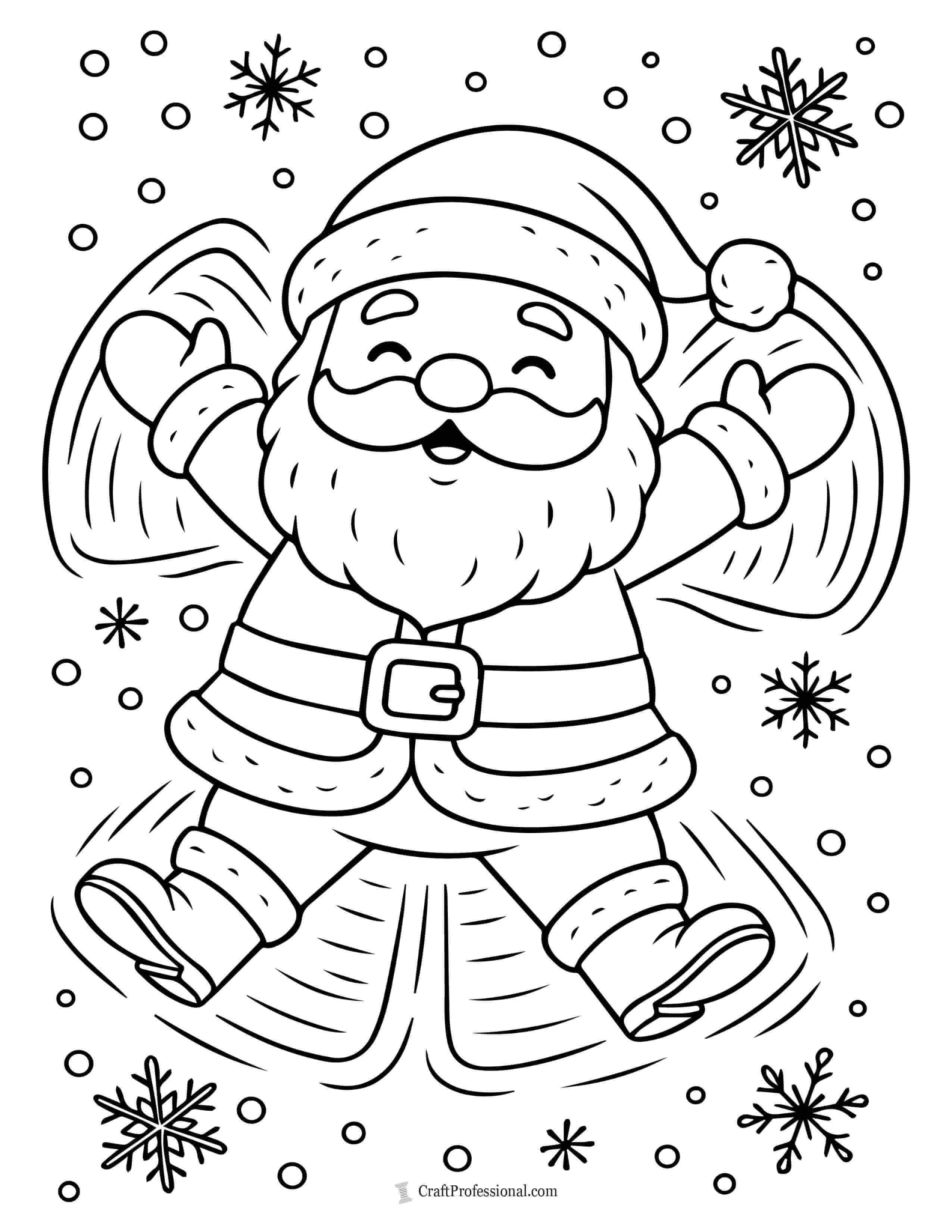 Santa making a snow angel coloring page