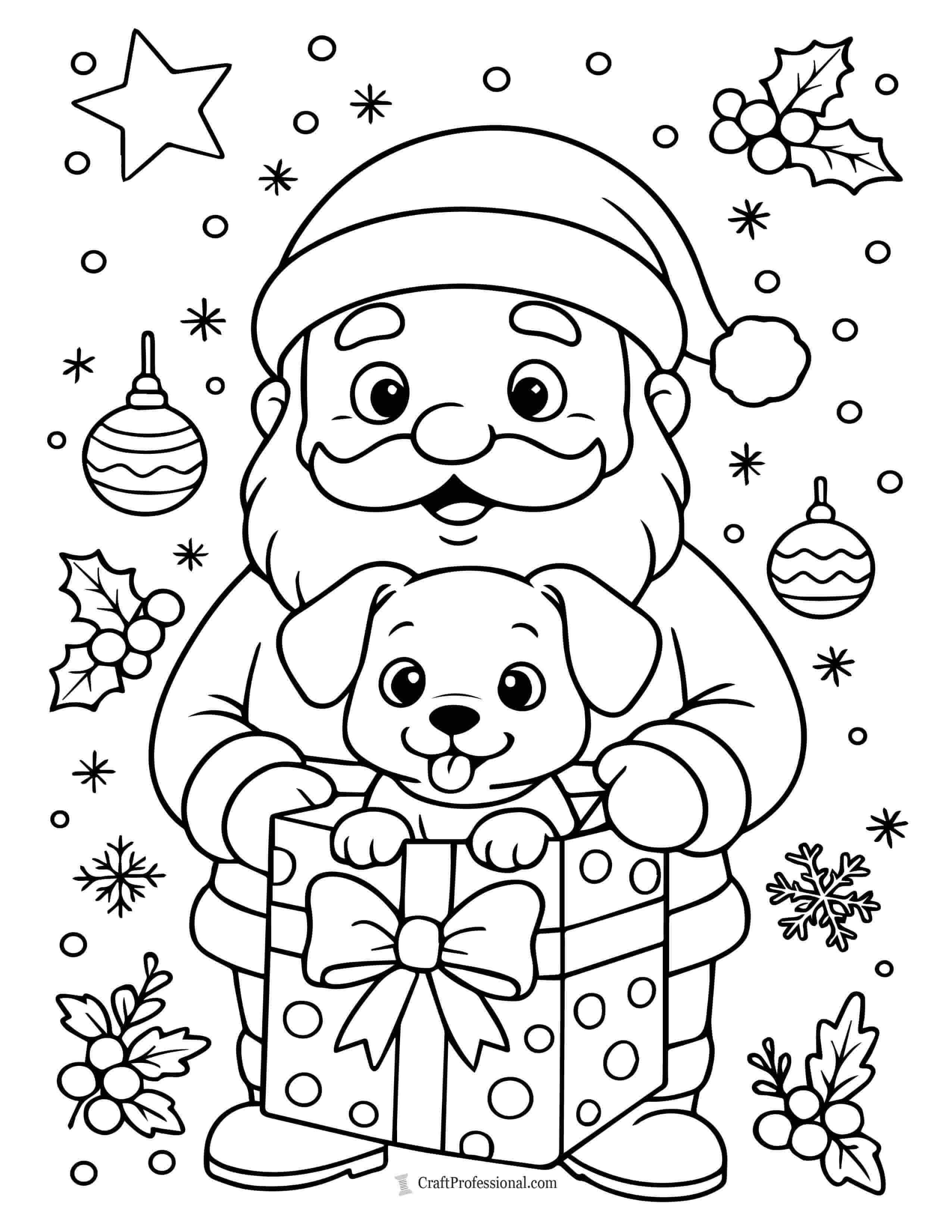 Santa with a puppy in a gift box coloring sheet