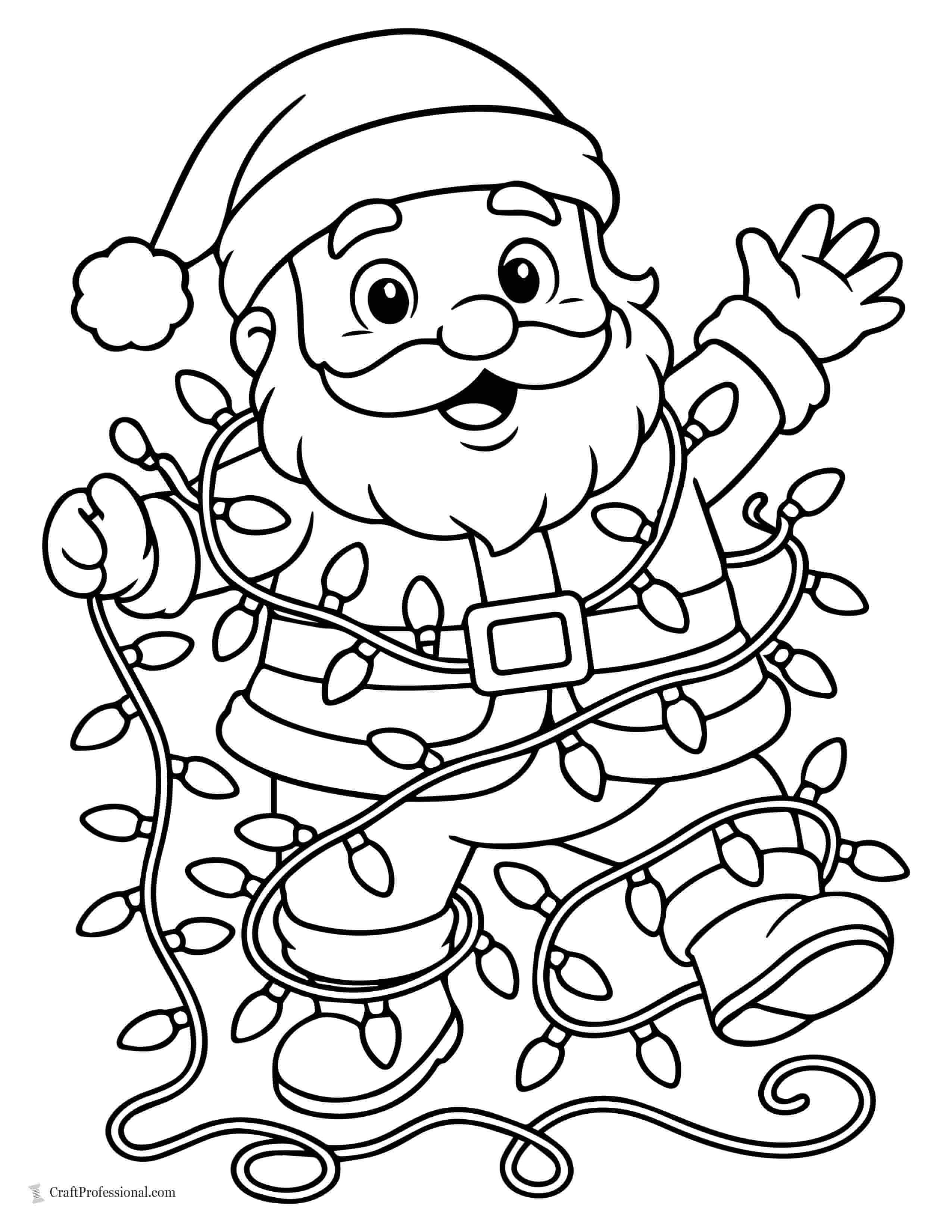 Santa tangled in Christmas lights coloring sheet