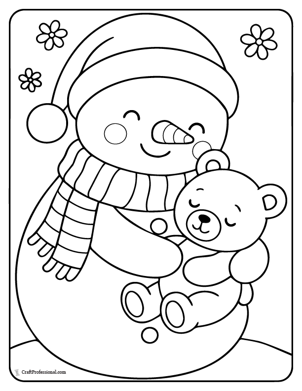 Snowman hugging a teddy bear, toddler coloring page.