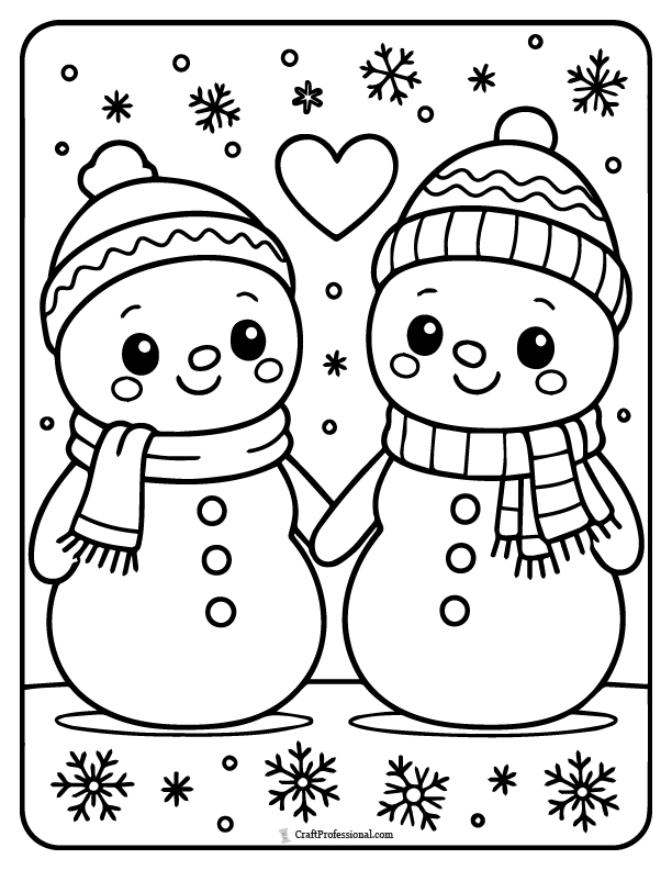 Cute snowman pair holding hands, coloring page.