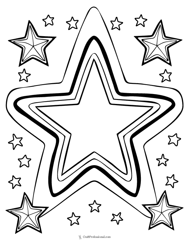 Christmas star coloring page featuring one large star surrounded by several smaller stars in a simple design.