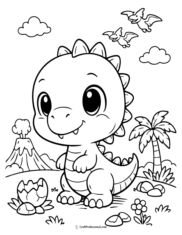 Cute tiny dinosaur with a big head coloring page