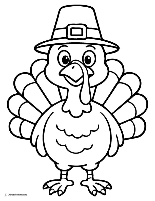 Cute cartoon turkey wearinga pilgrim hat coloring page