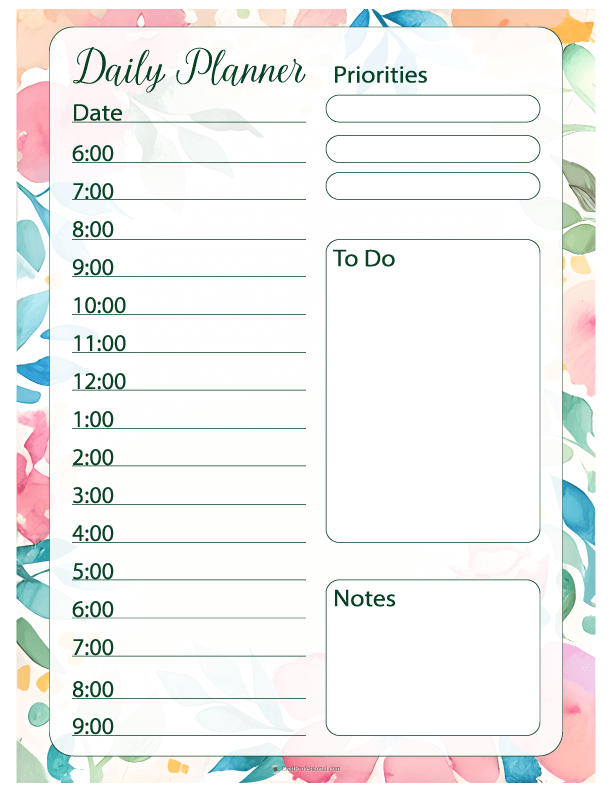 Daily planner printable with hourly schedule and space for notes, floral design