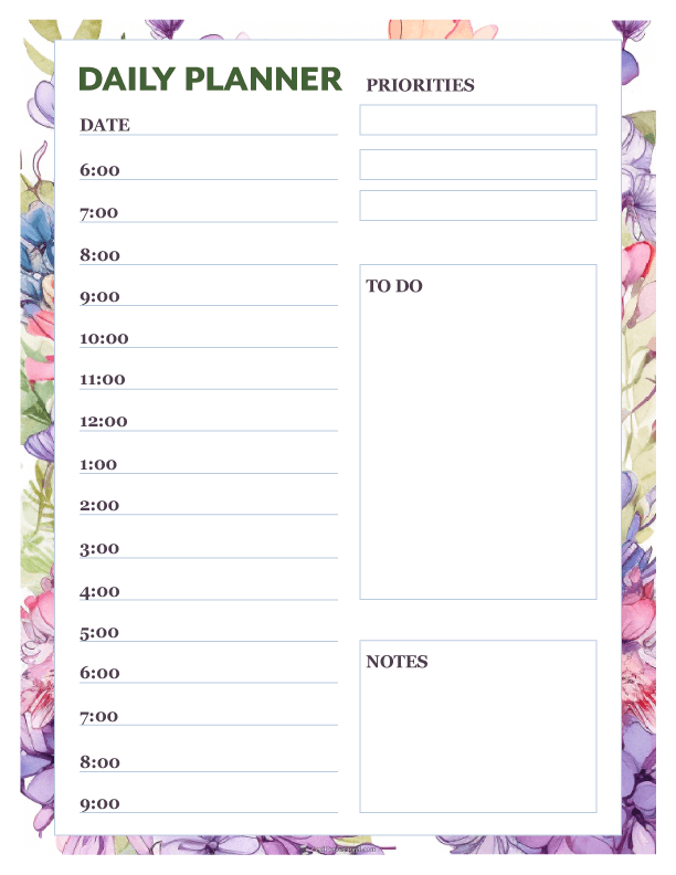 Daily planner printable with hourly schedule and space for notes, purple floral design