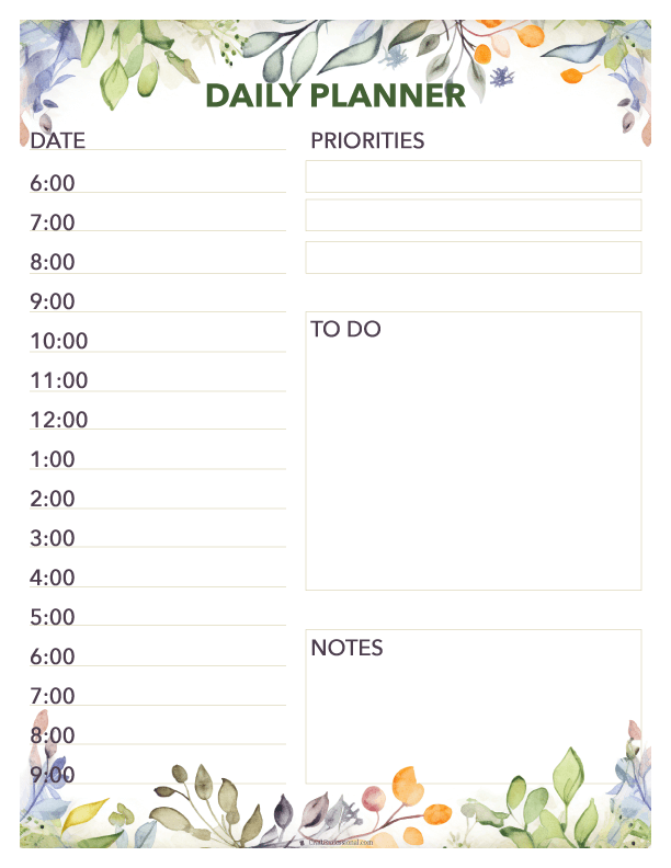Daily planner printable with hourly schedule and space for notes, floral design
