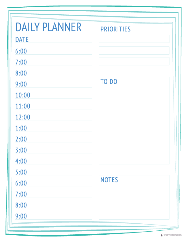 Daily planner printable with hourly schedule and space for notes, simple frame design