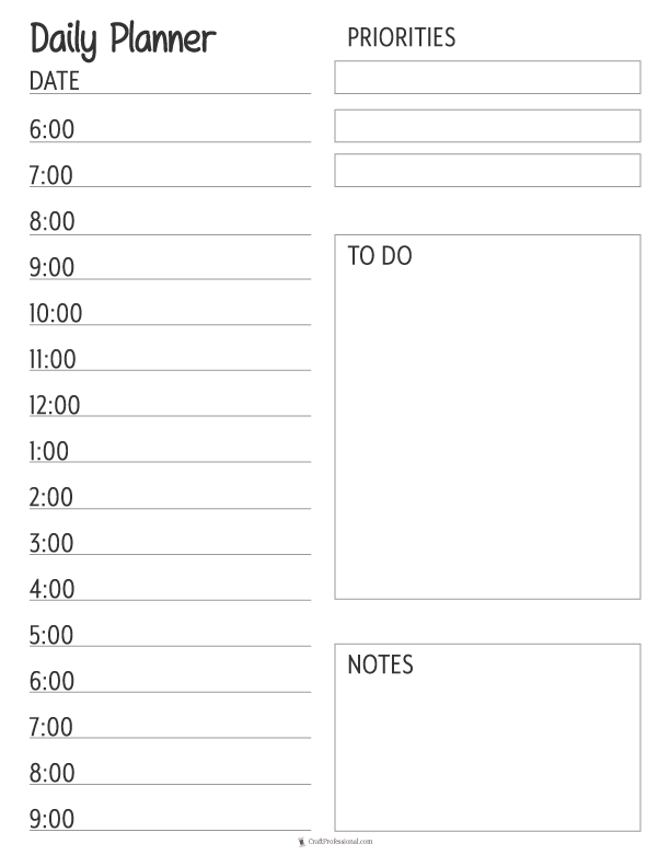 Daily planner printable with hourly schedule and space for notes, simple design