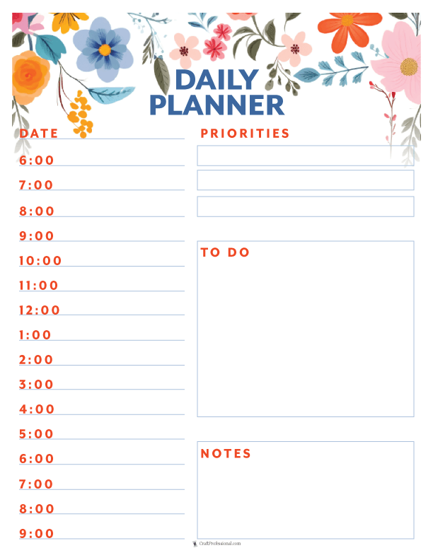 Daily planner printable with hourly schedule and space for notes, folk art design