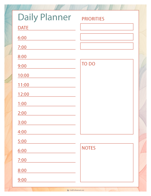 Daily planner printable with hourly schedule and space for notes, watercolor design
