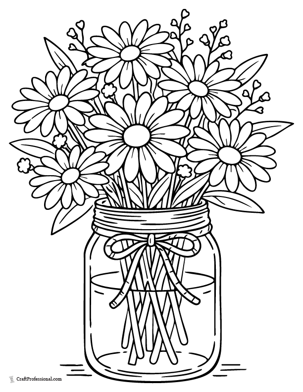 Daisy bouquet coloring page in mason jar with ribbon.