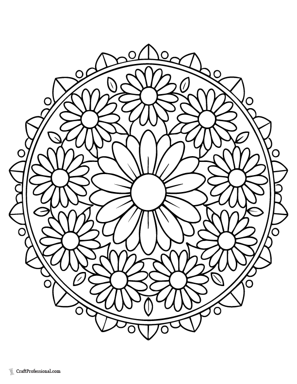 Daisy mandala coloring page with repeating petal pat