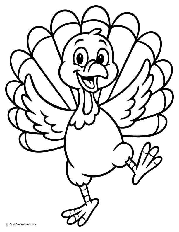 Dancing cartoon turkey, simple coloring page for kids