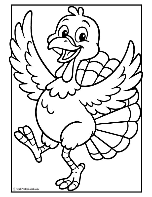 Smiling dancing cartoon turkey coloring page