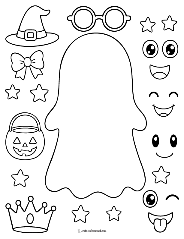 Decorate your own ghost coloring page with a blank ghost outline and accessories like a hat, crown, glasses, scarf, and candy bucket.