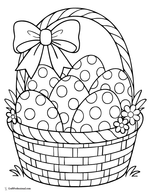 Decorative Easter basket with bow and polka dot eggs coloring page.