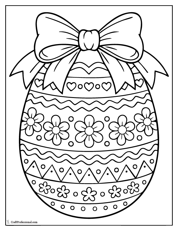 Decorative Easter egg with ribbon bow coloring page for kids.