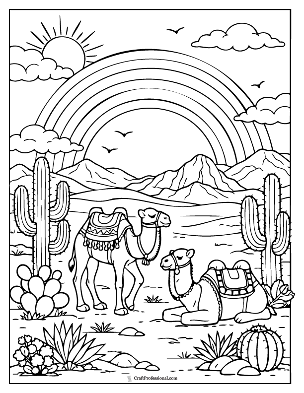 Desert rainbow coloring page with cacti and camels under a vivid rainbow sky.