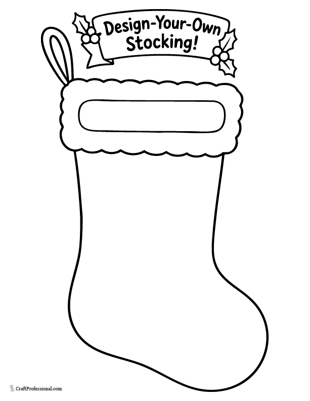 Design-your-own Christmas stocking coloring page with a blank cuff and space to add patterns, gifts, and decorations.