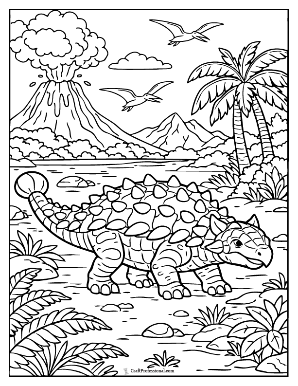 Detailed ankylosaurus scene coloring page