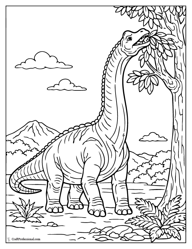 Detailed brachiosaurus eating tree leaves coloring page