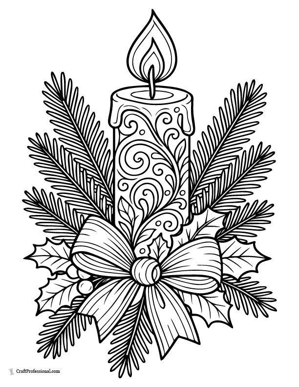 Christmas candle with a mandala pattern and evergreen branches coloring sheet