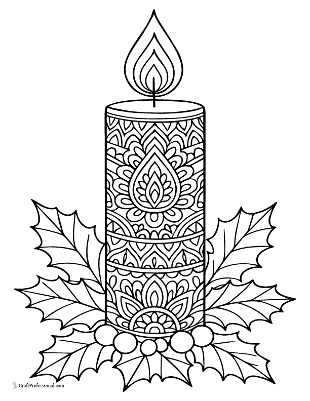 Christmas candle with a mandala pattern coloring sheet