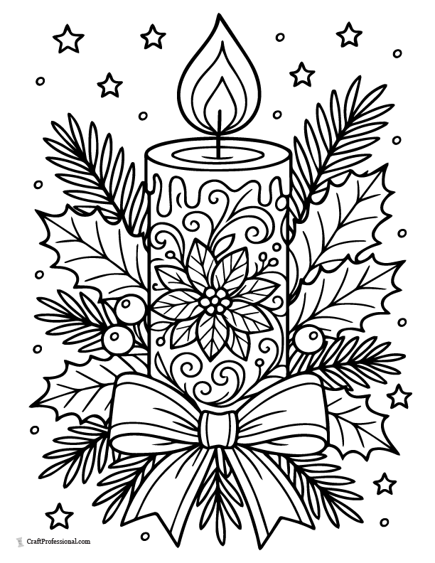 Detailed Christmas candle surrounded by evergreen branches and stars coloring page.